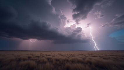 A dramatic lightning strike in a vast, open landscape with dark storm clouds overhead. A powerful natural phenomenon captured in stunning detail. Generative, AI,