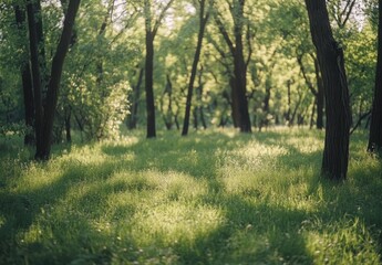 Tranquil Forest Scene Illuminated by Soft Sunlight Featuring Lush Grass and Vibrant Green Leaves in a Peaceful Natural Environment