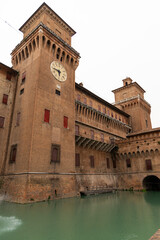 Ferrara, Ferrara,Italy March 29 2024 historic center, fortifications and castle surrounded by a moat. Squares and buildings in medieval style.Beautiful, unique Italian cities. World cultural heritage.