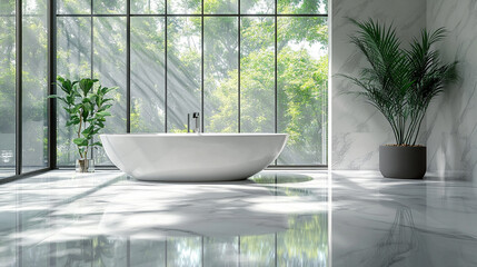 Fototapeta premium modern bathtub in bright bathroom with large windows and greenery. shiny surface reflects serene atmosphere