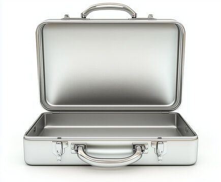 Opened 3D silver briefcase empty isolated on a white background