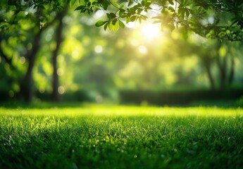 Naklejka premium Tranquil Sunlight Filtering Through Leaves Over Lush Green Grass in a Serene Natural Environment, Perfect for Nature and Outdoor Themes
