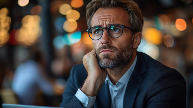 businessman looking worried while analyzing financial data in busy cafe