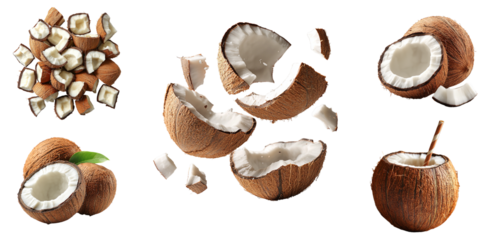 Set of coconut isolated on transparent background. Coconut pieces floating, split coconut, coconut drink. Different angles. PNG