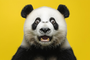 Fototapeta premium Shocked panda with big eyes isolated on a color background