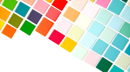 Collection of vibrant paint swatches in various colors arranged in a symmetrical pattern on a white background
