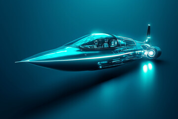 Sleek futuristic spaceship model with glowing thrusters in space