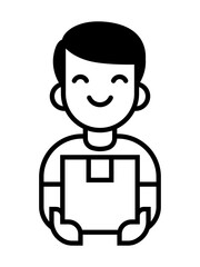 line icon a smiling male delivery person with a side-swept hairstyle holding a package.