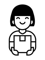 line icon smiling female delivery person with a bob hairstyle holding a package.