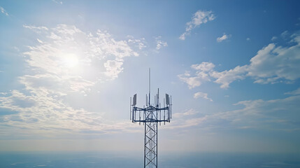Tall Communication Tower Against Blue Sky With White Clouds In Urban Landscape