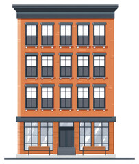 Obraz premium The illustrated orange brick building with many windows and benches