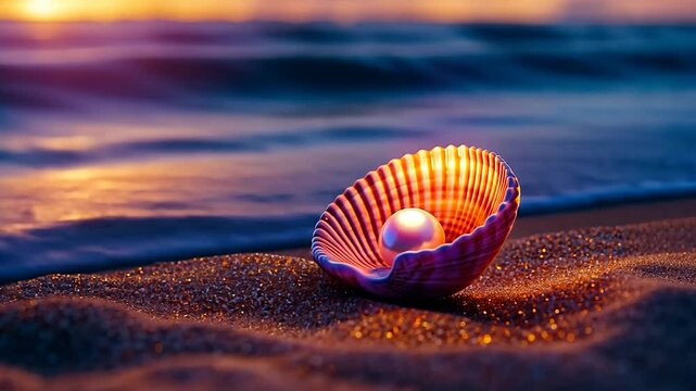 Pearl in seashell, beach sunrise