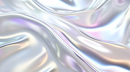 A glowing monochrome iridescent foil with bright white and silver waves, fluid metallic reflections shifting seamlessly