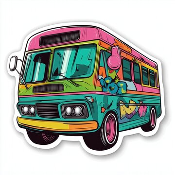 Vibrant Illustrated Bop Sticker: Colorful Vintage Bus on White Background