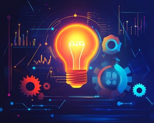 A flat design illustration of a glowing lightbulb, surrounded by gears and charts, symbolizing the creative process behind business branding and goal setting
