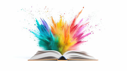 Open Book With Explosion of Colorful Powder Isolated on White Background