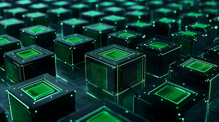 Abstract Technological Grid of Illuminated Green Cubes in Dark Environment