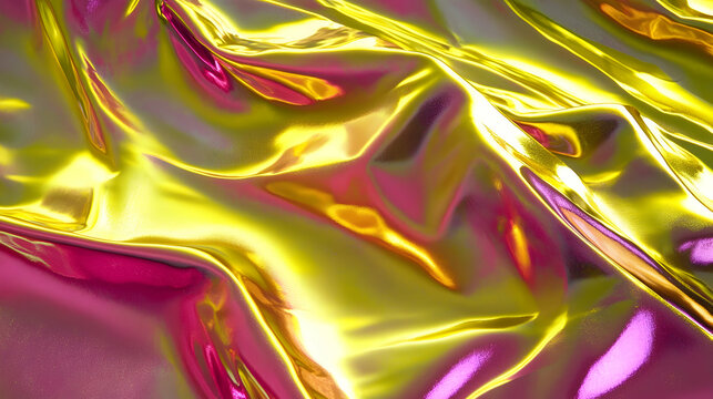 A high-gloss holographic foil with neon yellow and deep magenta hues, shimmering metallic waves forming a dynamic abstract texture
