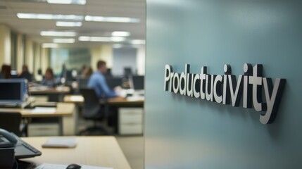 Modern Office Productivity Blurred Background of Busy Workers and Close Up of Productivity Sign for Employees' Success and Efficiency at Workplace. Focused on Team Goals and Achievements. A Modern