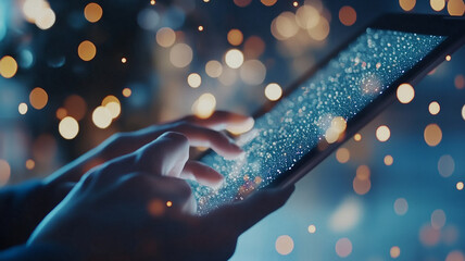 Close up of hand using tablet with sparkling screen, surrounded by soft bokeh lights, creating magical and tech savvy atmosphere