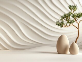 Minimalist Zen Garden Design with Serene Textured Background and Bonsai Tree