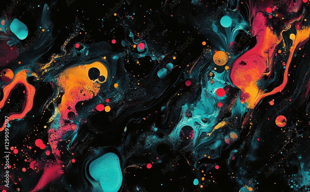 Poster vibrant abstract art with swirling colors and dynamic patterns against a dark background, creating a