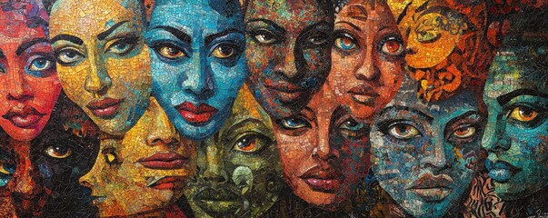 A vibrant painting depicting a diverse group of individuals, each with uniquely colored faces, showcasing a spectrum of hues like blue, green, and red, symbolizing unity in diversity.