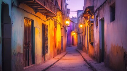 Fototapeta premium Quiet Street in Old Moroccan Medina at Sunset with Lantern Glow