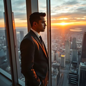 Un director ejecutivo hispano parado junto a una ventana en una oficina de gran altura, contemplando la ciudad, sumido en sus pensamientos, vestido con un elegante traje de negocios, iluminaci&oacute;n de la