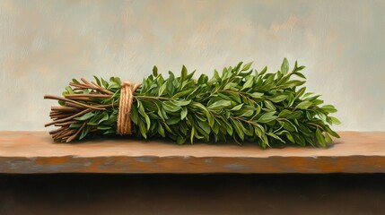Rustic Bundle of Fresh Herbs Tied with Natural Twine on Surface