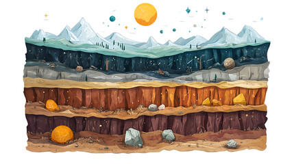Educational illustration of Earth's layers with mountains, planets above, and geological details below
