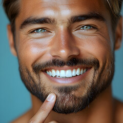 Fototapeta premium Handsome man smiling showing white teeth and touching beard