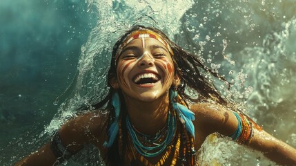 Joyful Indigenous Girl Splashing in Ocean Water