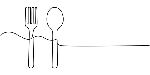 one continuous line drawing of fork and spoon on white background. Cooking, kitchen and table manner, Spoon, fork and knife in continuous line drawing style. Line art silhouette of cutlery. 
