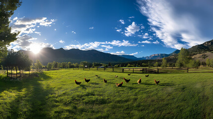 free-range chickens walking on green grass on a farm with a mountain backdrop
