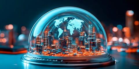 Futuristic city enclosed in a transparent dome urban setting digital art nighttime aerial view modern concept