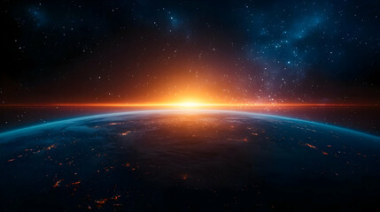Distant Earth Rising Above the Horizon in a Night Sky Displaying a Bright Sunrise