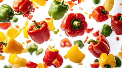 A mix of floating chopped and whole bell peppers, creating a colorful and dynamic composition against white.