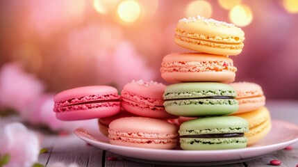 Delicate Macarons: A delectable stack of colorful macarons, pastel hues, sits artfully on a plate, evoking a sense of sweet indulgence and charming aesthetics.