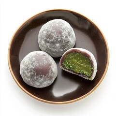 Top view photography of highresolution Japanese Mochi cakes with bean or matcha fillings