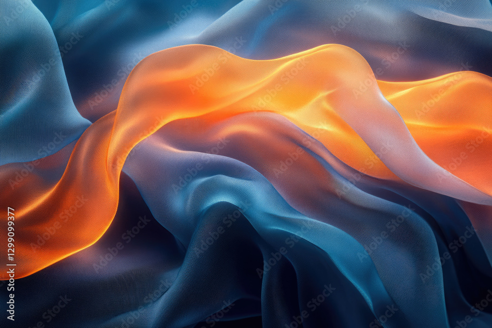 Poster abstract image of flowing, translucent fabric in shades of orange and blue, creating a dreamy, ether