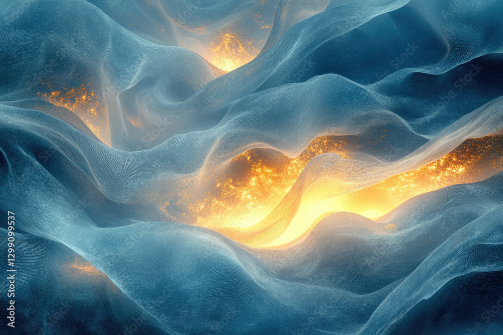 Poster Abstract art depicting flowing teal fabric with golden light illuminating from within, creating a celestial or ethereal atmosphere.