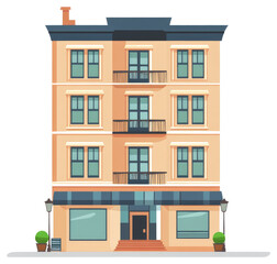 Obraz premium An apartment building with multiple floors and a storefront below