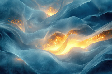 Fototapeta premium Abstract art depicting flowing teal fabric with golden light illuminating from within, creating a celestial or ethereal atmosphere.