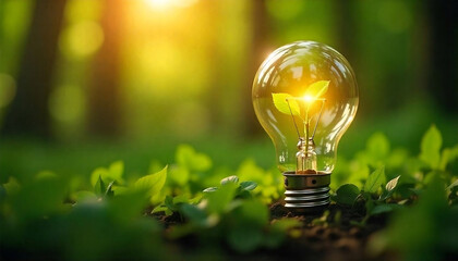 Glowing Light Bulb with Green Plant in Lush Forest for Sustainability and evergreen renewable energy 