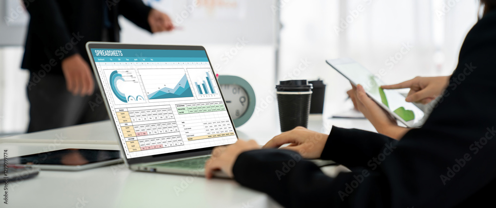 Poster spreadsheet document information financial startup concept. data and graphs in spreadsheet documents