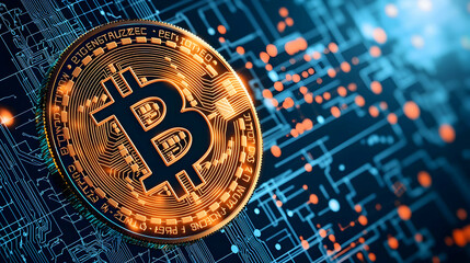 Glowing Bitcoin Cryptocurrency Coin On Circuit Board Digital Illustration