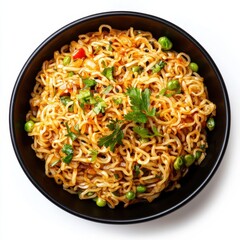 Top view of Hakka noodles in black bowl on white background