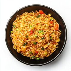 Top view of Hakka noodles in black bowl on white background