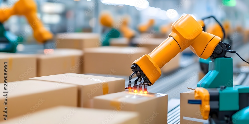 Poster autonomous vehicle assembly line featuring collaborative robots in a high-tech industry environment